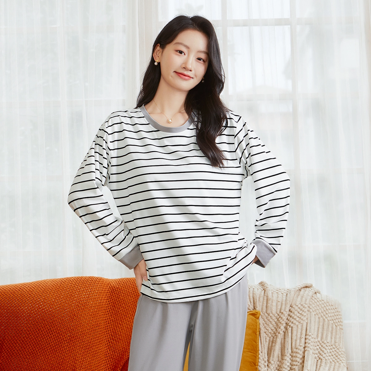 润微 【带胸垫防凸点】秋款圆领条纹长袖家居服免穿文胸可外穿睡衣套装 女款
