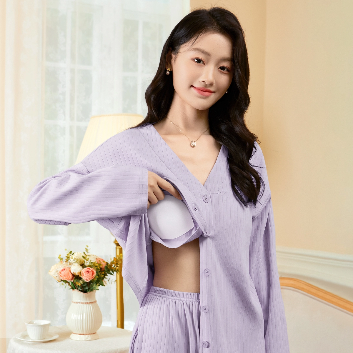 润微 柔软舒适带胸垫春秋可外穿家居服睡衣套装 女款