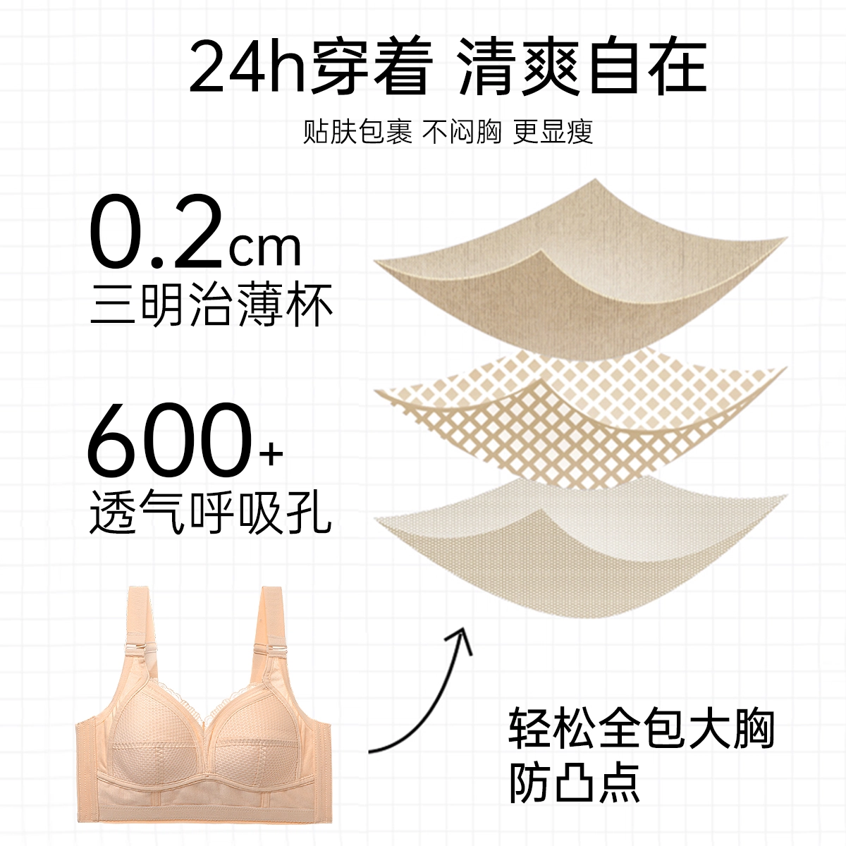 润微 大胸显小包容显瘦薄款聚拢防下垂收副乳调整型文胸 女款