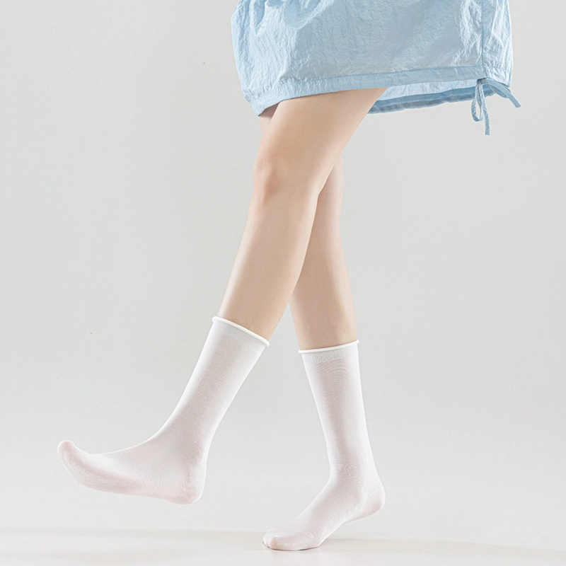 拾袜记 纯色薄款凉感舒适透气卷边堆堆中筒袜 女款 组合装