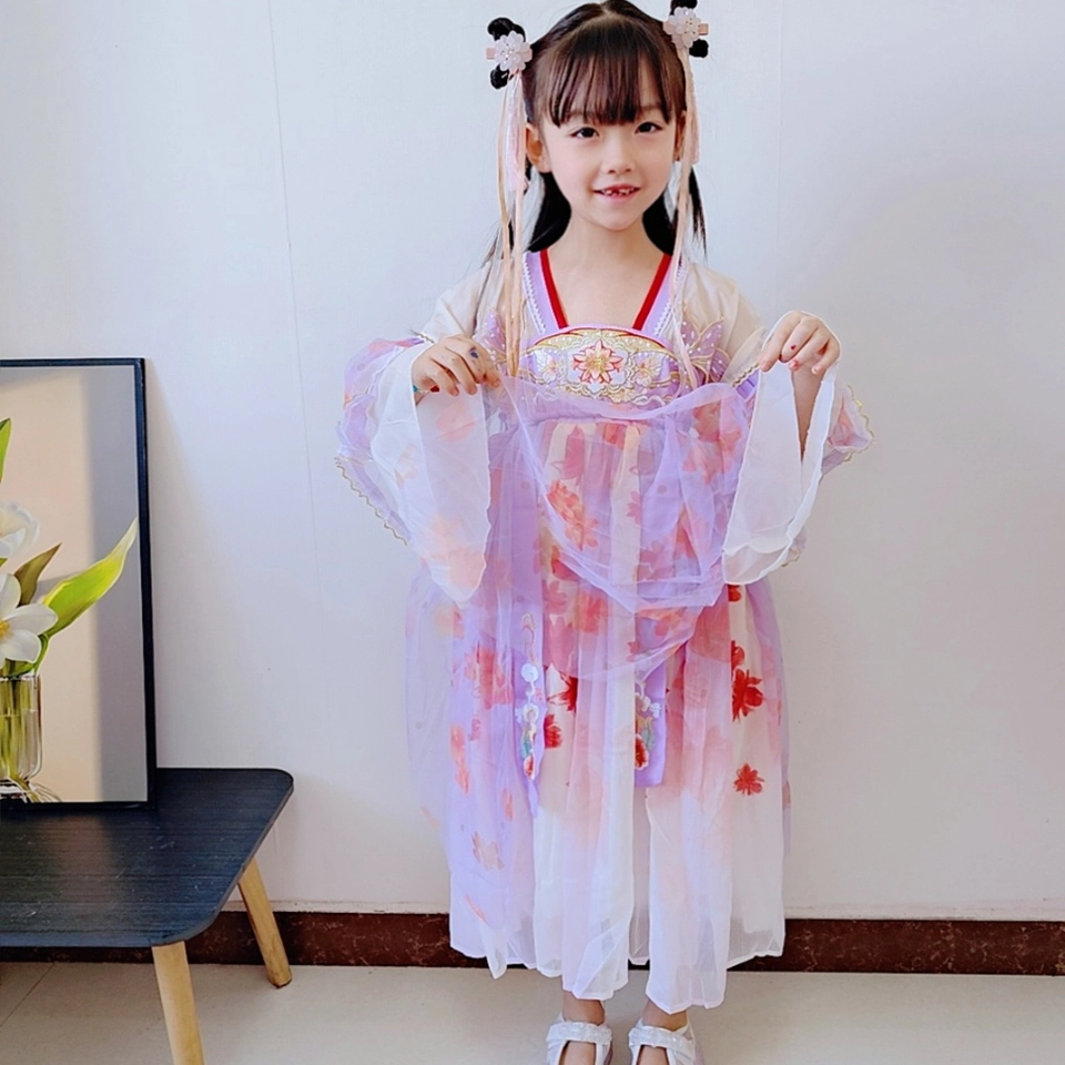 十月妈咪 网纱表演中式国风汉服长袖连衣裙 儿童款