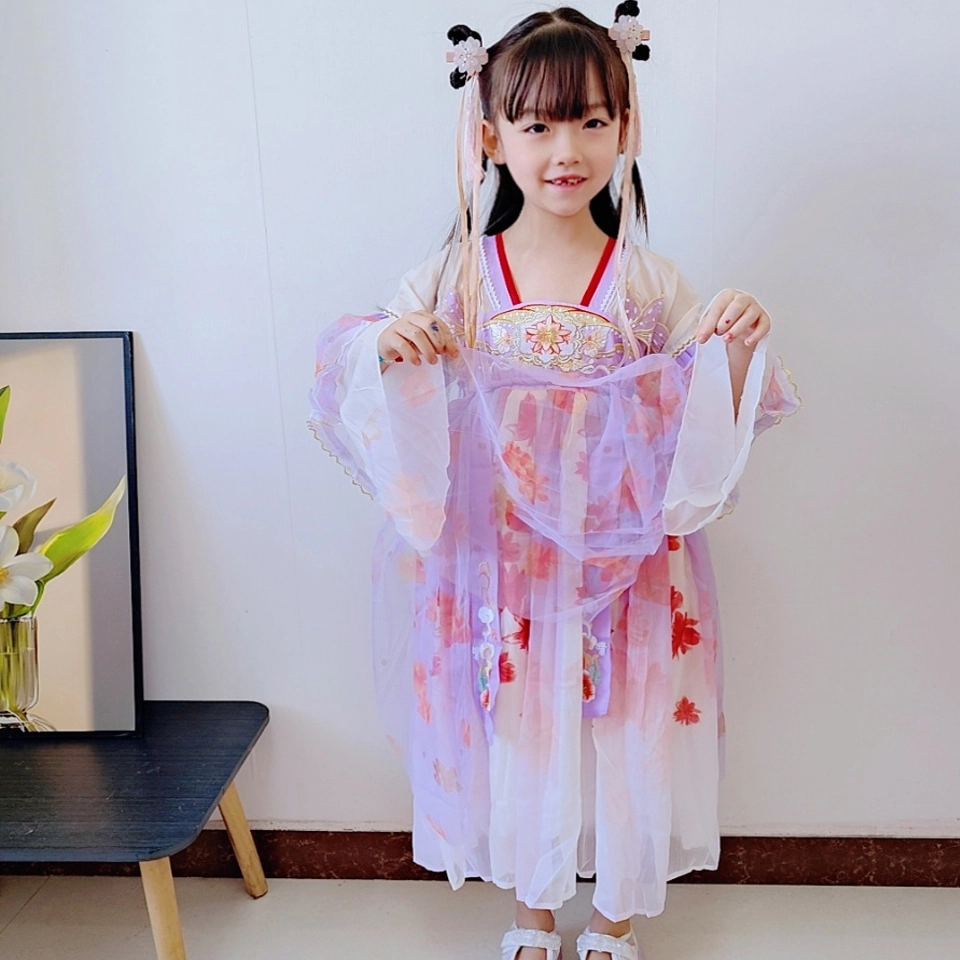 十月妈咪 网纱表演中式国风汉服长袖连衣裙 儿童款