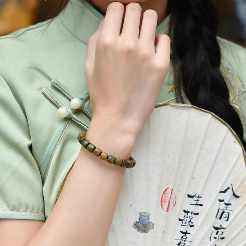 凯真 国风小众甜美清香文玩佛珠盘玩鼓珠素串 木作 手串 男女同款情侣款 绿檀 礼盒装