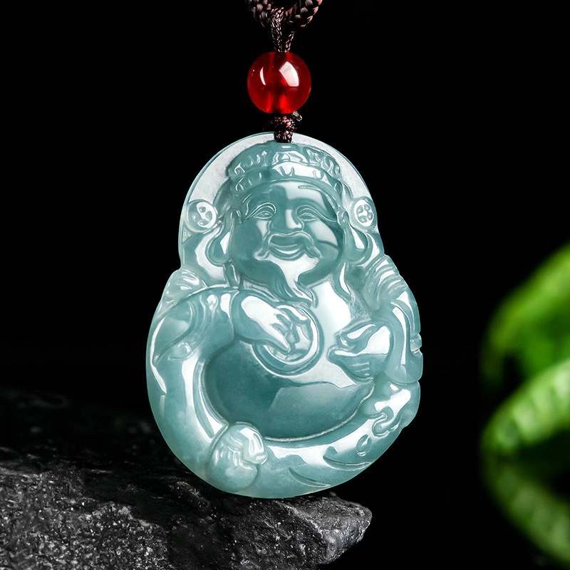凯真 高品质蓝水迎福财神吊坠 通财纳福国潮中式复古玉佩挂件 糯种 翡翠项链 男女同款情侣款