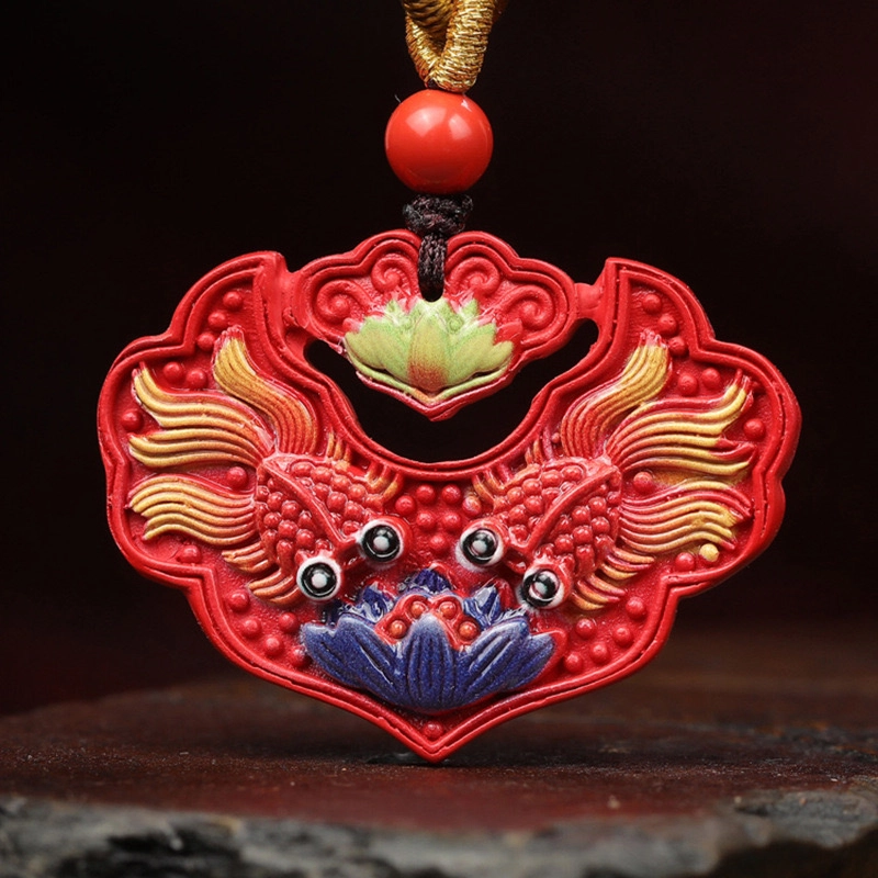 凯真 高含量帝王砂彩绘双鱼锦鲤富贵锁项链 上岸福禄吉祥时来好运 国潮新中式喜庆红简约百搭 朱砂 玉石吊坠 男女同款情侣款