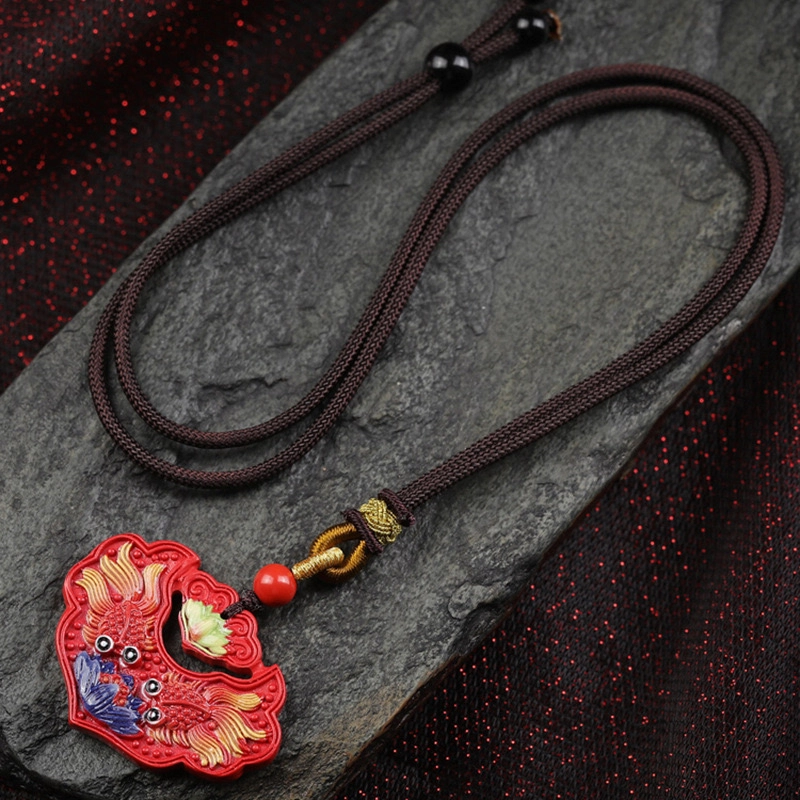 凯真 高含量帝王砂彩绘双鱼锦鲤富贵锁项链 上岸福禄吉祥时来好运 国潮新中式喜庆红简约百搭 朱砂 玉石吊坠 男女同款情侣款