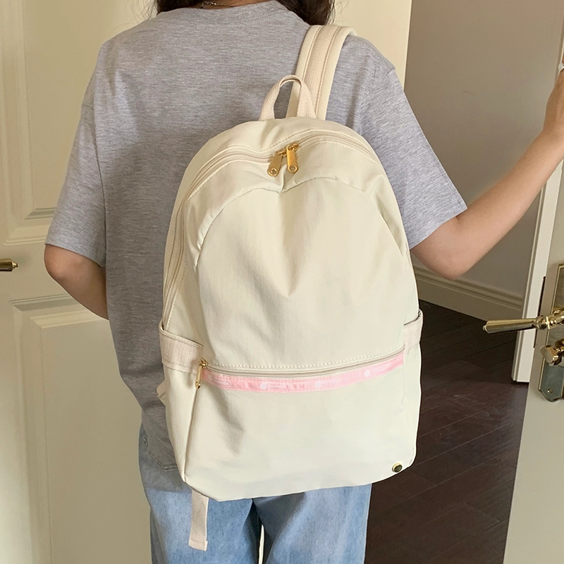 泰迪珍藏 韩系大容量通勤百搭简约旅行 塔丝隆 双肩包 常规 女款 米白色/粉色