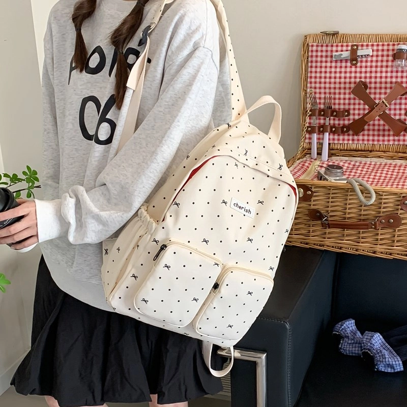 泰迪珍藏 蝴蝶结碎花轻便百搭 复合布 双肩包 女款 白色/黑色