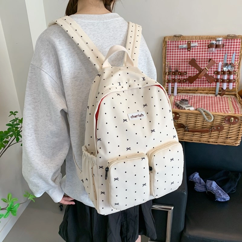 泰迪珍藏 蝴蝶结碎花轻便百搭 复合布 双肩包 女款 白色/黑色