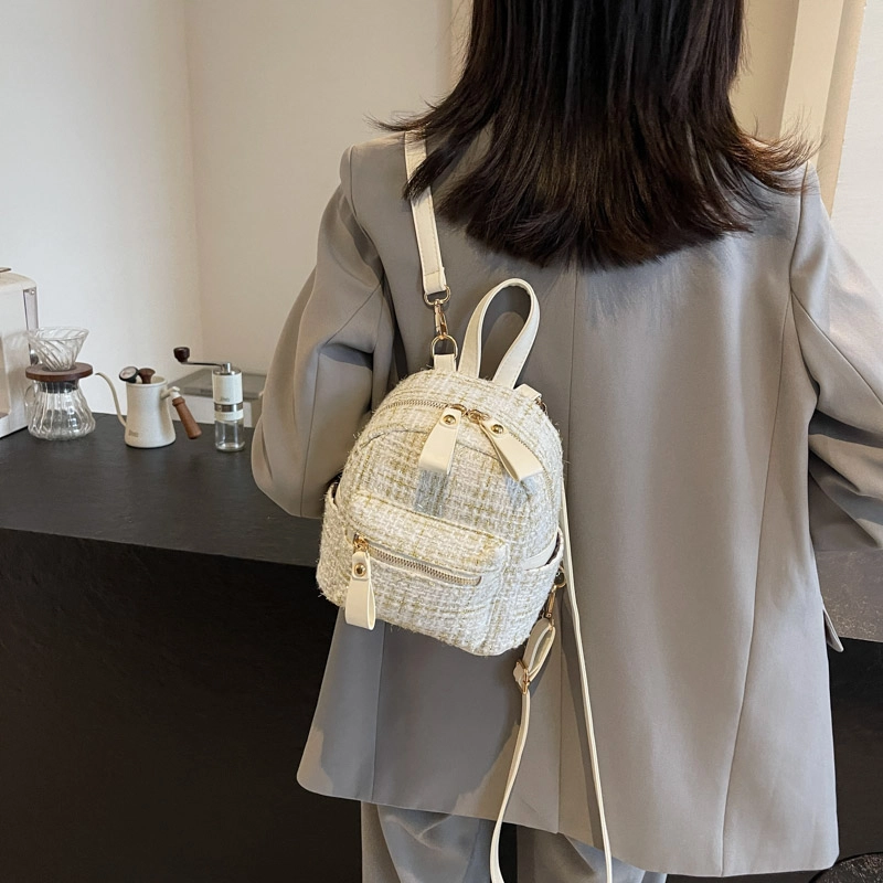 泰迪珍藏 小巧精致金丝呢子小香风时尚百搭简约 布 双肩包 女款 白色/黑色