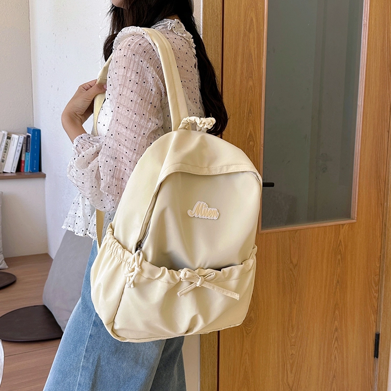 泰迪珍藏 抽绳设计小众休闲皱褶中大学生百搭书包旅游大容量背包 尼龙 双肩包 女款 黄色/天蓝色/粉红色/白色/黑色