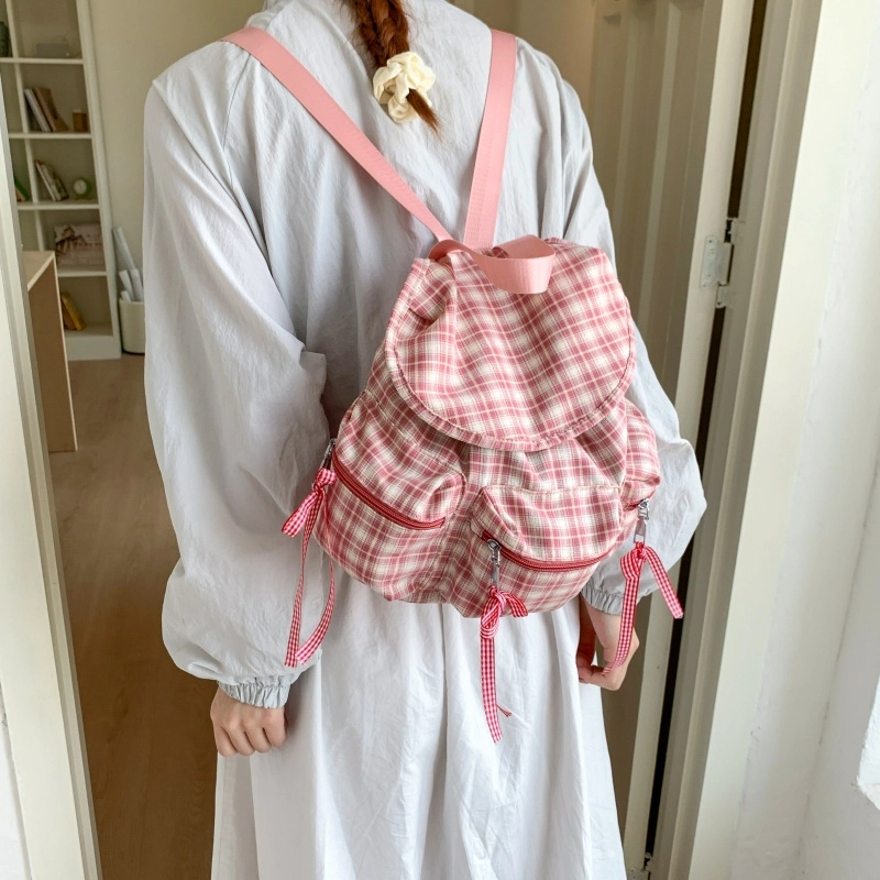 泰迪珍藏 软妹潮时尚可爱背包登山旅行 帆布 双肩包 女款 粉格子/深灰色/黑色