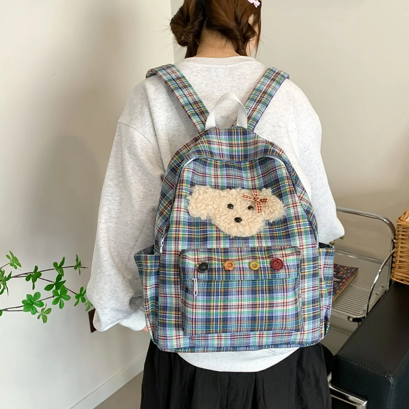 泰迪珍藏 韩系可爱大容量大学生可爱百搭通用背包初高中学生包 复合布 双肩包 女款 格子小狗