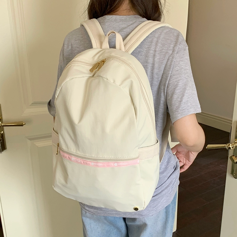 泰迪珍藏 韩系大容量通勤百搭简约旅行 塔丝隆 双肩包 常规 女款 米白色/粉色