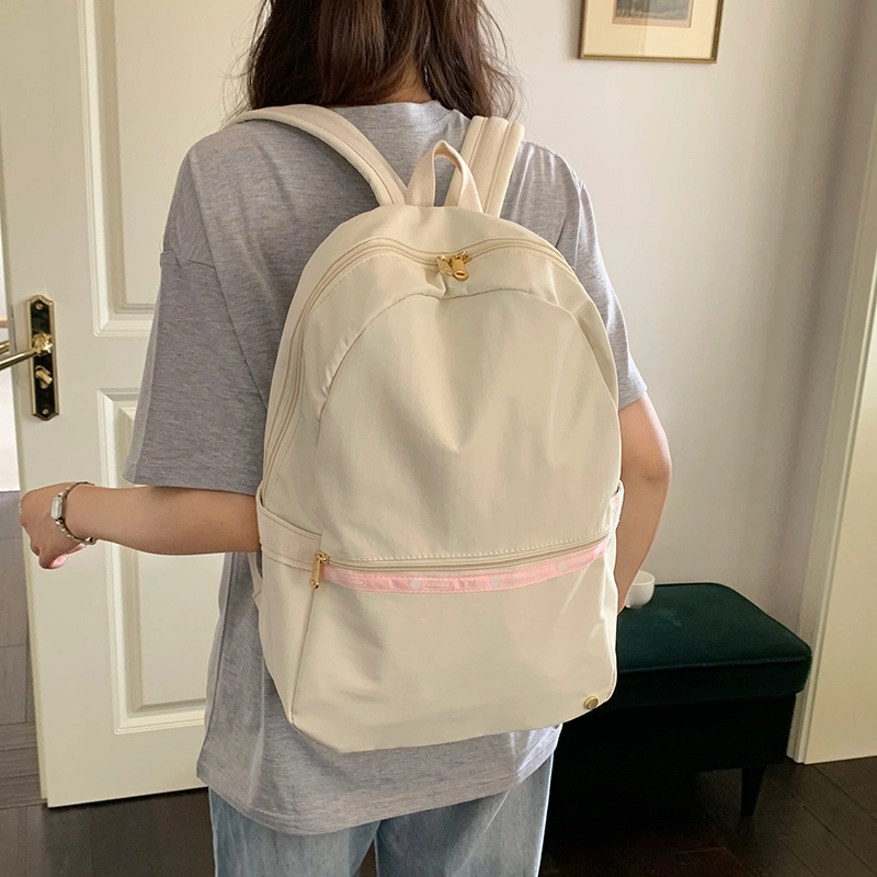 泰迪珍藏 韩系大容量通勤百搭简约旅行 塔丝隆 双肩包 常规 女款 米白色/粉色