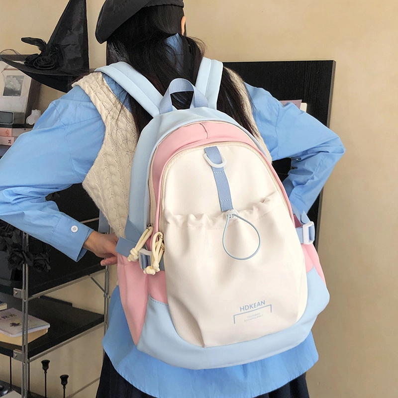 泰迪珍藏 撞色校园书包初中生高颜值设计感小众大学生韩系背包 尼龙 双肩包 女款 蓝粉色/蓝黄色/红橘色
