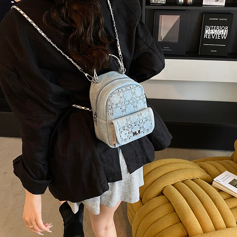 泰迪珍藏 简约百搭链条轻便 牛仔布 双肩包 女款 多色