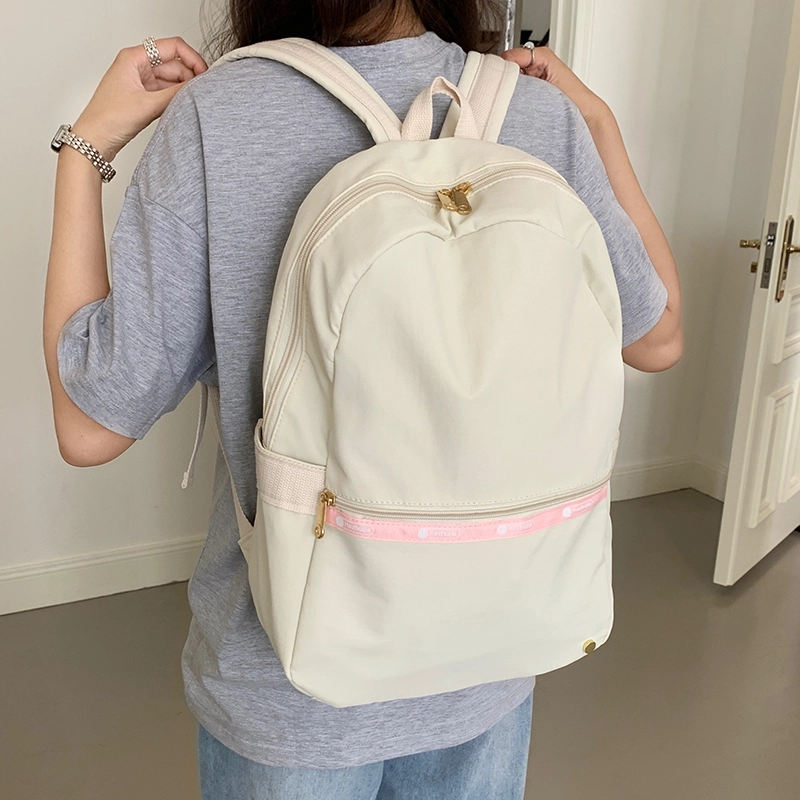 泰迪珍藏 韩系大容量通勤百搭简约旅行 塔丝隆 双肩包 常规 女款 米白色/粉色