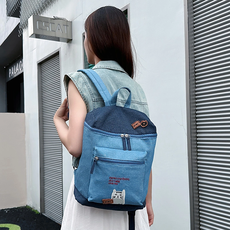 泰迪珍藏 呆萌猫咪卡通撞色水桶背包森系学院风学生 牛仔布 双肩包 女款 藏青色