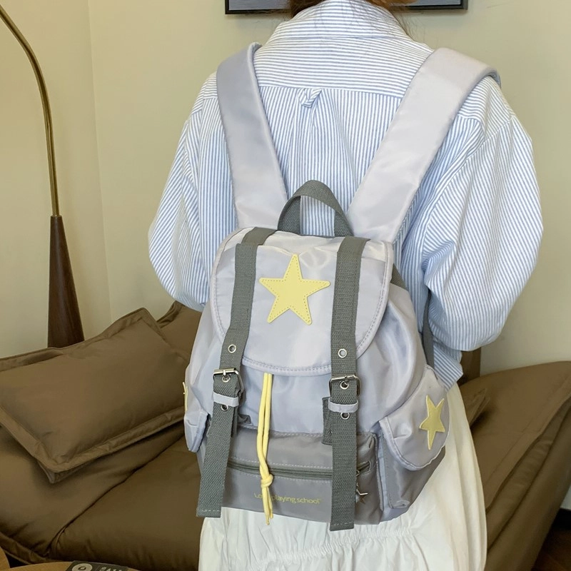 泰迪珍藏 潮酷拼色韩系小众设计星星百搭休闲旅行背包学生书包 复合布 双肩包 女款 浅灰色/红色