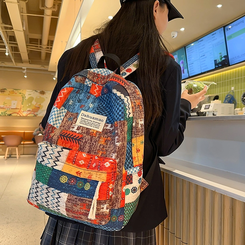 泰迪珍藏 复古拼贴撞色旅游轻便初中高中生 尼龙 双肩包 女款 民族风/花格子
