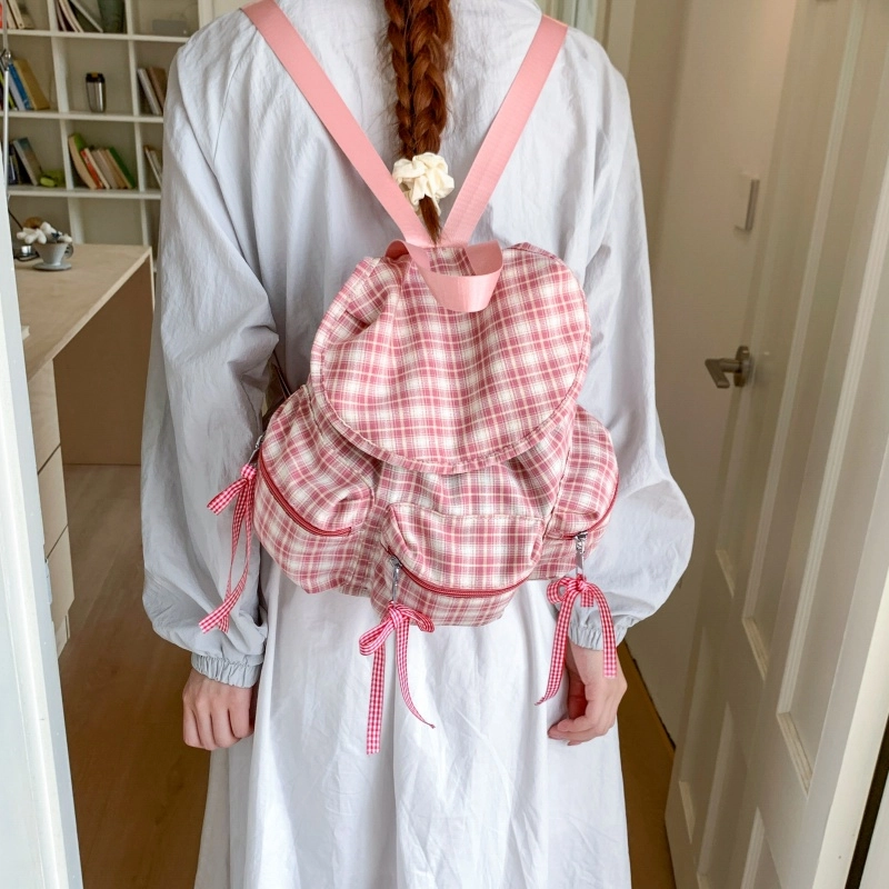 泰迪珍藏 软妹潮时尚可爱背包登山旅行 帆布 双肩包 女款 粉格子/深灰色/黑色
