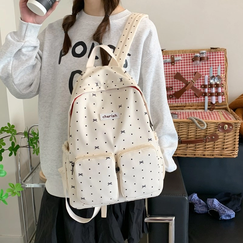 泰迪珍藏 蝴蝶结碎花轻便百搭 复合布 双肩包 女款 白色/黑色