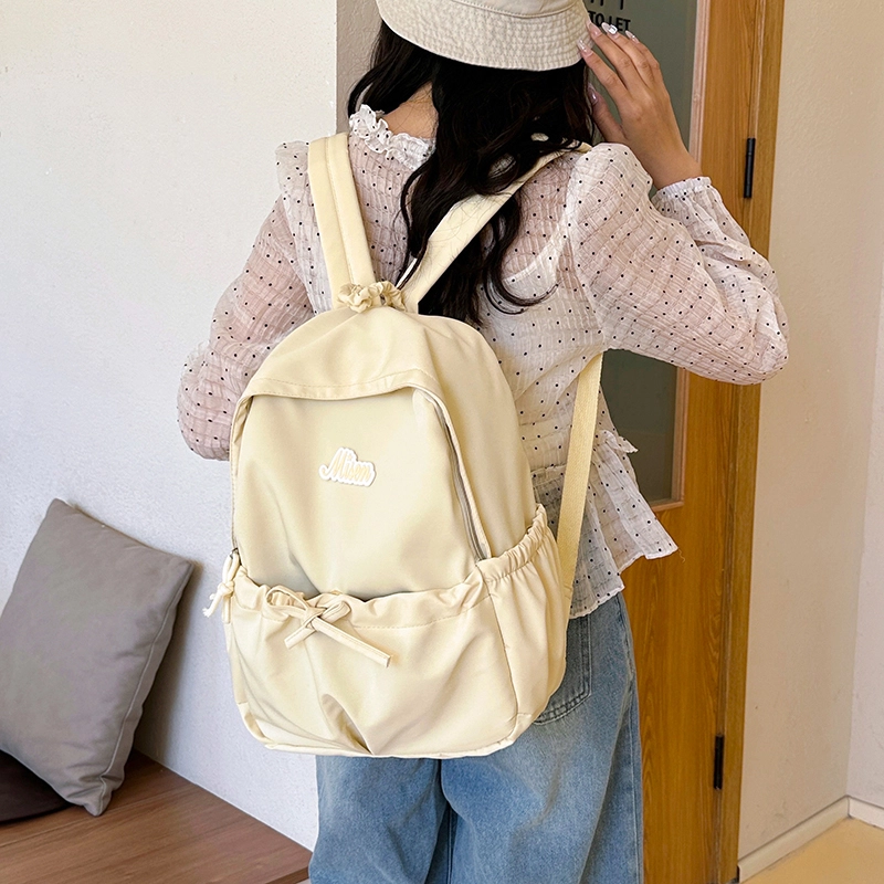 泰迪珍藏 抽绳设计小众休闲皱褶中大学生百搭书包旅游大容量背包 尼龙 双肩包 女款 黄色/天蓝色/粉红色/白色/黑色
