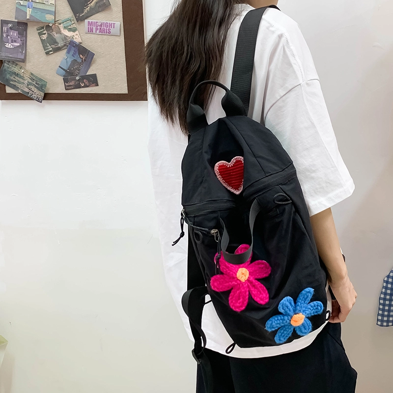 泰迪珍藏 轻便简约百搭花朵学生 尼龙 书包背包双肩包 女款 黑色