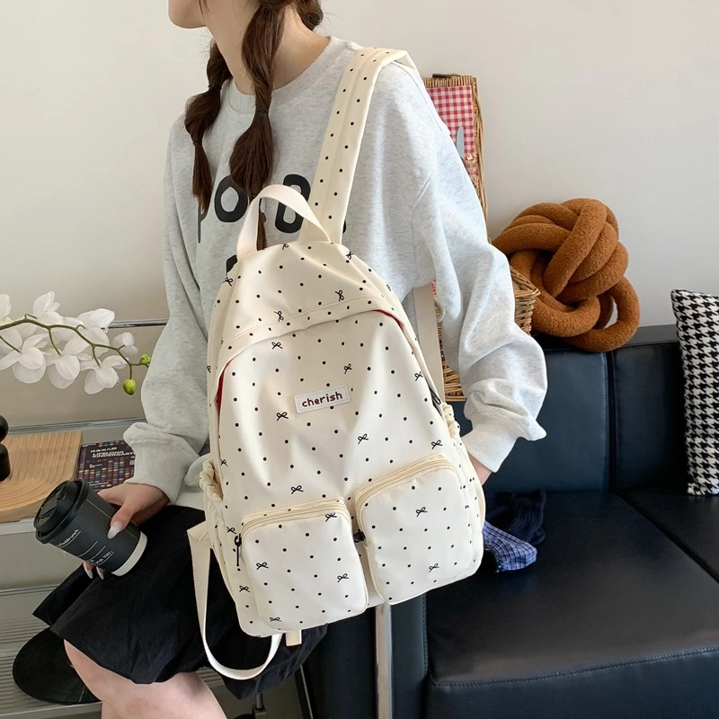 泰迪珍藏 蝴蝶结碎花轻便百搭 复合布 双肩包 女款 白色/黑色