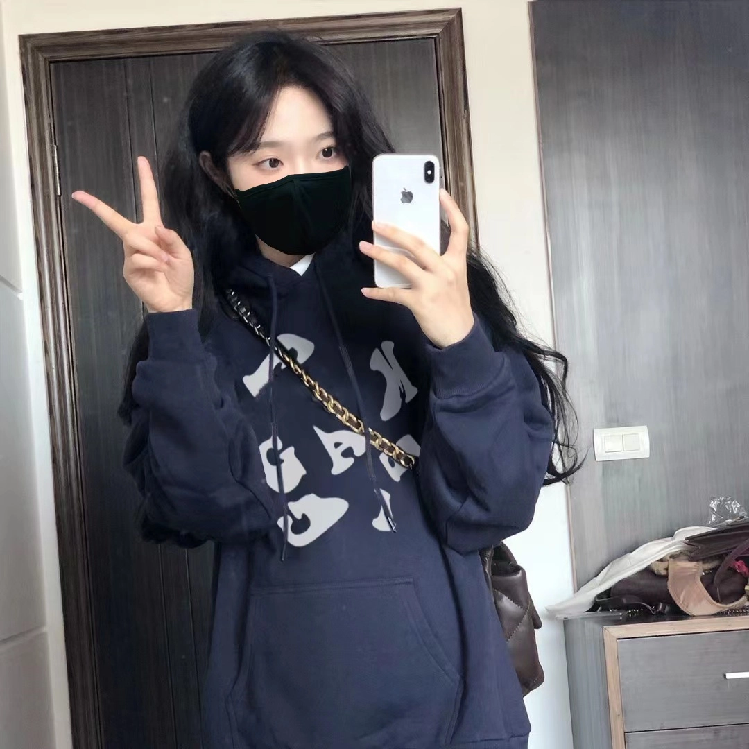 棉购 美式字母印花春秋基础款上衣韩版潮流时尚重磅连帽长袖宽松复古卫衣 男女同款