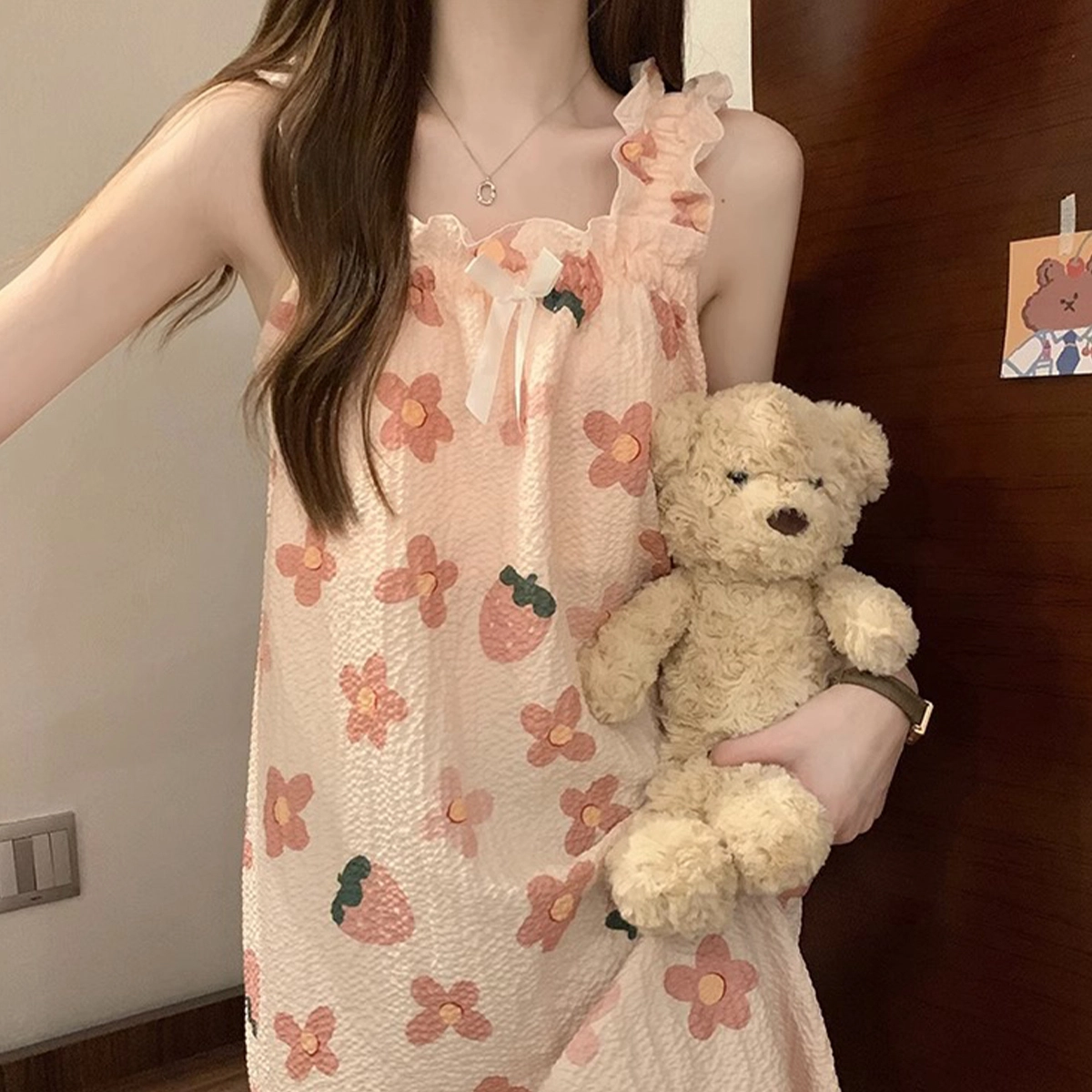 棉购 自带胸垫韩系碎花居家服可爱甜美无袖吊带睡裙 女款