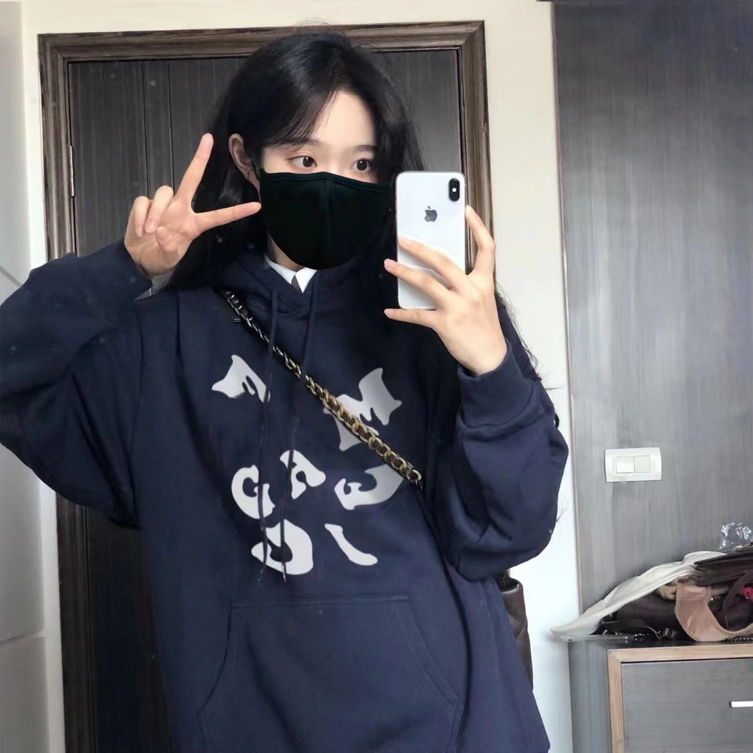 棉购 美式字母印花春秋基础款上衣韩版潮流时尚重磅连帽长袖宽松复古卫衣 男女同款