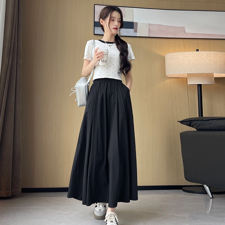 棉购 薄款口袋小个子垂感冰丝褶皱半身裙通勤休闲长裙 女款