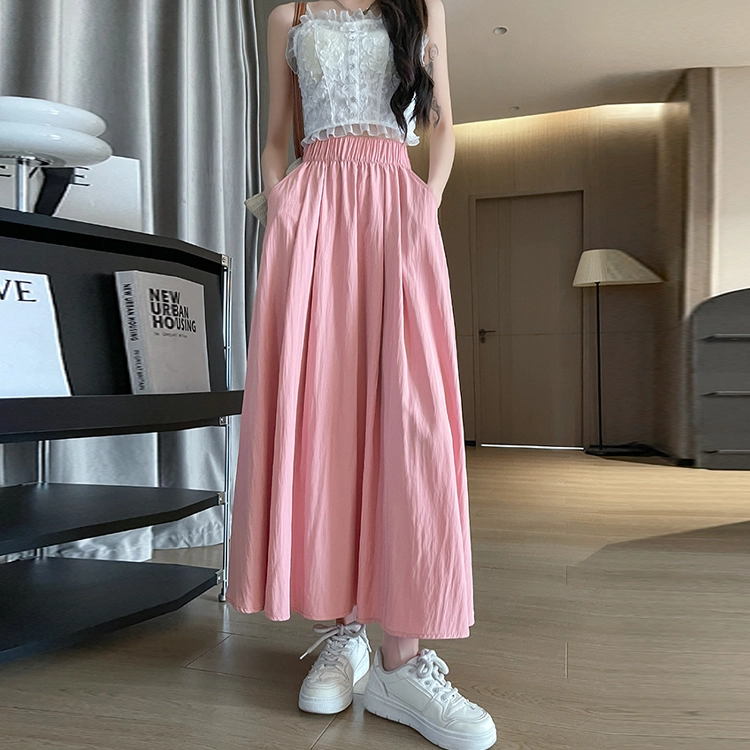 棉购 薄款口袋小个子垂感冰丝褶皱半身裙通勤休闲长裙 女款