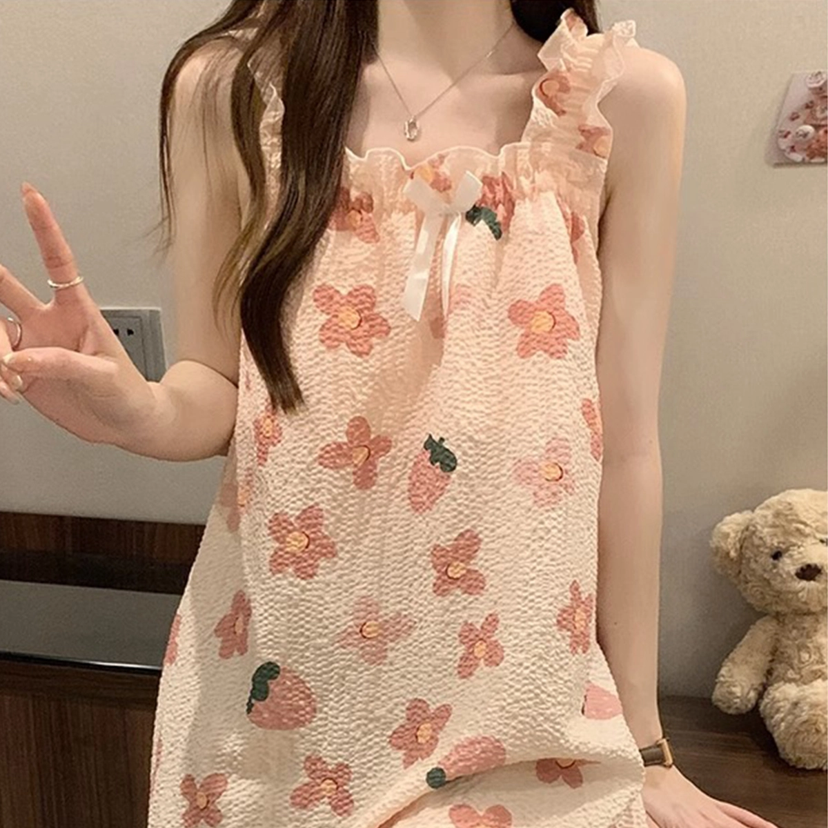 棉购 自带胸垫韩系碎花居家服可爱甜美无袖吊带睡裙 女款