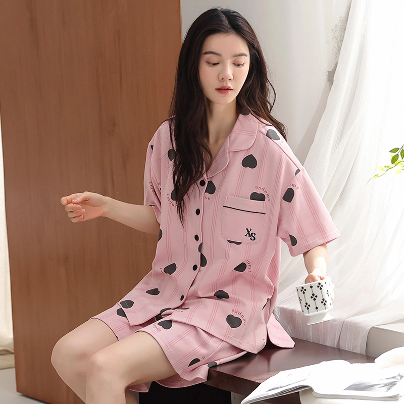 棉购 翻领爱心满印短袖短裤自带胸垫可外穿睡衣套装 女款