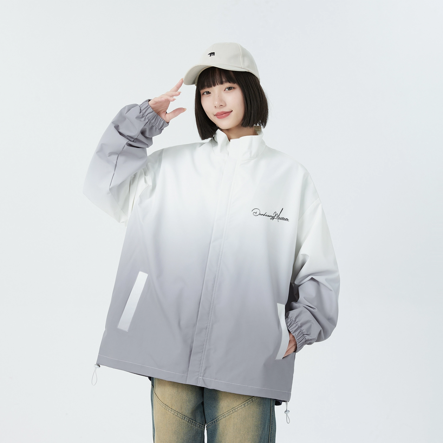 敦煌博物馆 复古学院风渐变拼色休闲宽松户外机能防风防水立领夹克外套 男女同款
