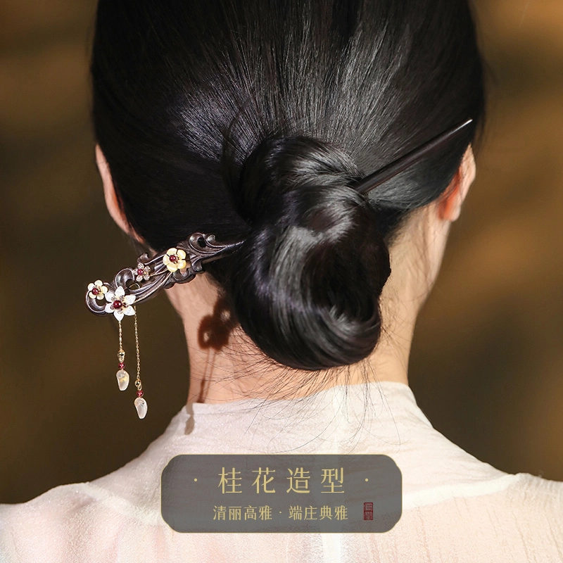 凤凰涅磐 复古新中式古风木质旗袍简约现代流苏步摇 黑檀木 白贝 黄贝 铜底镀金件 石榴石 发簪 女款 礼物 礼盒