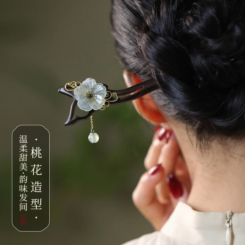 凤凰涅磐 新中式黑檀木国风木簪 步摇高级感簪子盘发 古风流苏木质发钗汉服旗袍 白玛瑙 石榴石 发簪 女款 其他木作 礼物 礼盒