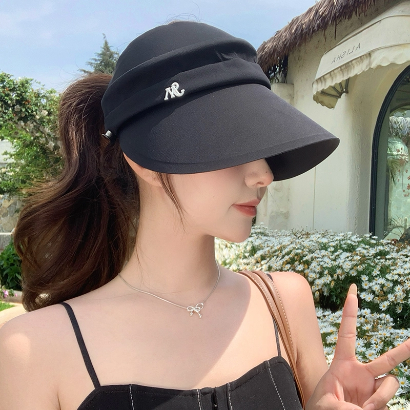 稻草人 夏季空顶遮阳帽 大帽檐黑胶防紫外线 简约百搭 可扎马尾 聚酯纤维 防晒帽 女款