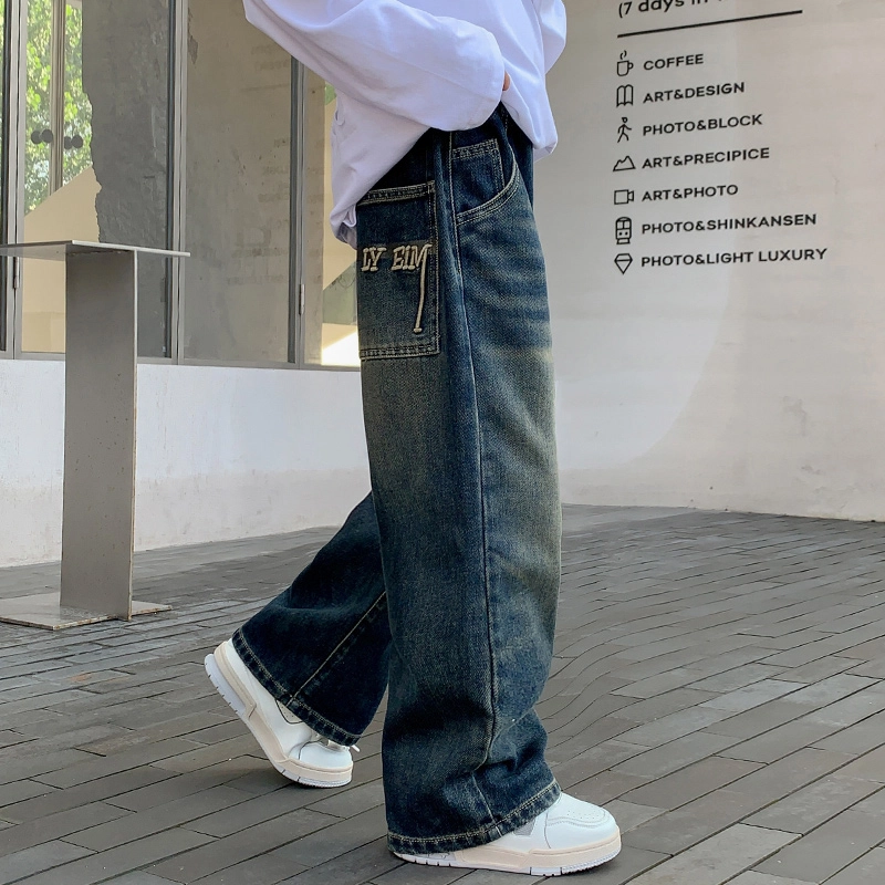 木木屋 舒适柔软亲肤洋气百搭轻盈透气松紧腰牛仔裤 蓝色 青少年