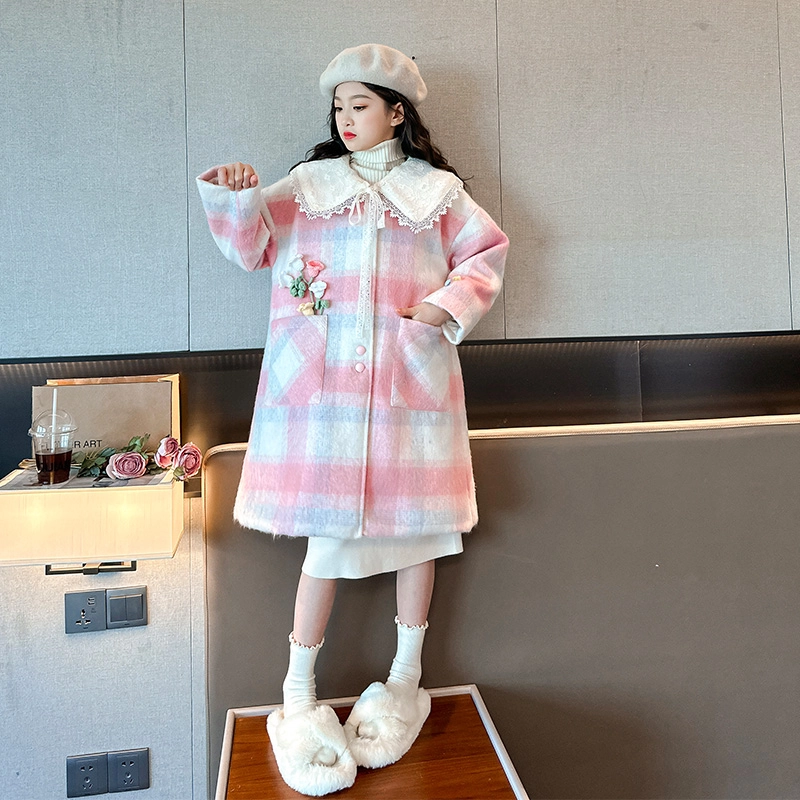 木木屋 翻领洋气格子长袖大衣 奶粉色 青少年