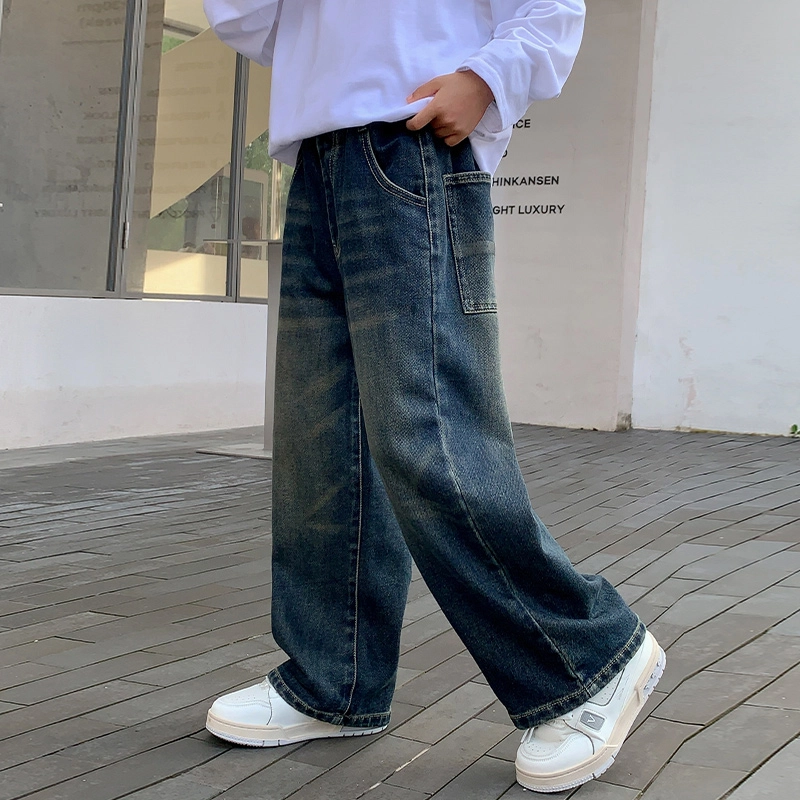 木木屋 舒适柔软亲肤洋气百搭轻盈透气松紧腰牛仔裤 蓝色 青少年