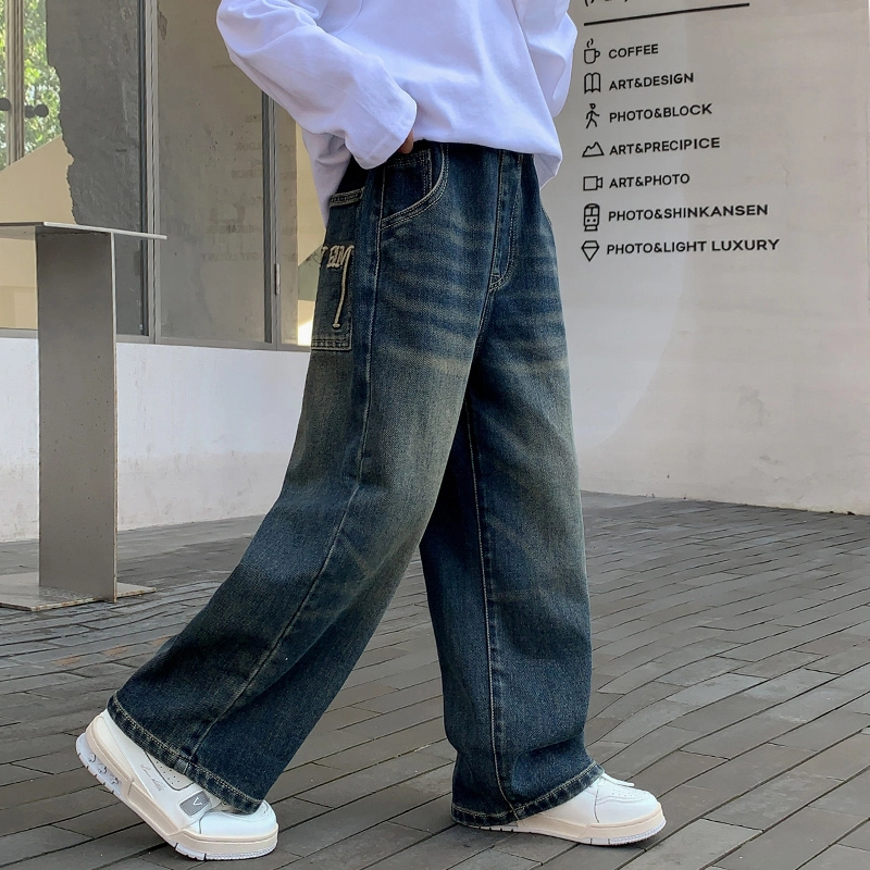 木木屋 舒适柔软亲肤洋气百搭轻盈透气松紧腰牛仔裤 蓝色 青少年
