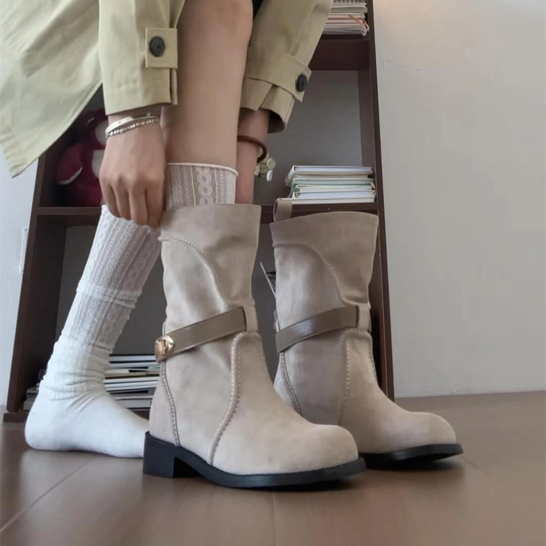 乐乐鱼 绒面 复古西部牛仔靴子马丁靴中筒骑士瘦瘦靴 短靴 女