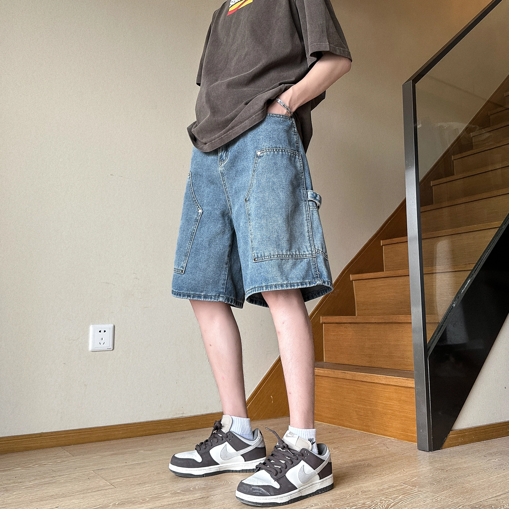 泰迪珍藏 高街美式水洗复古做旧宽松五分裤牛仔短裤 男女同款
