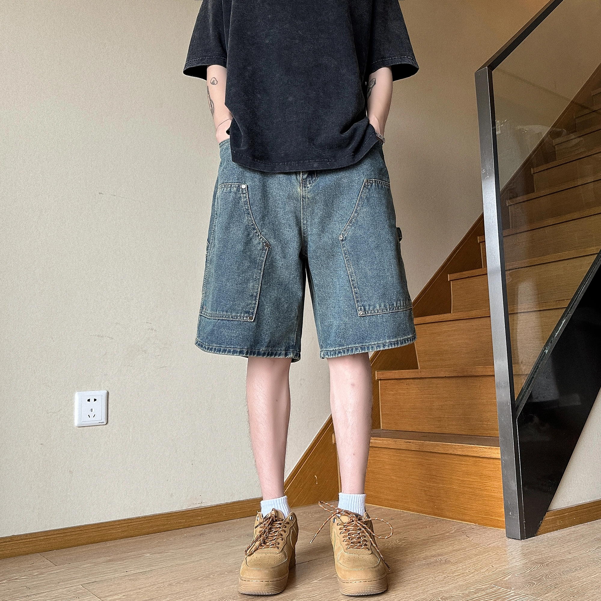 泰迪珍藏 高街美式水洗复古做旧宽松五分裤牛仔短裤 男女同款