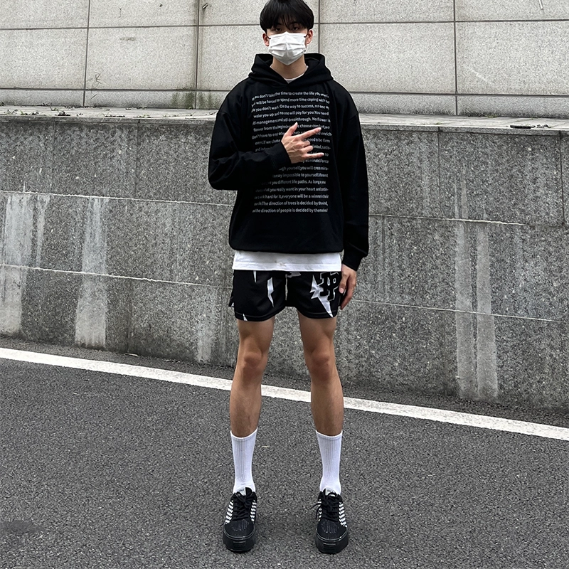 泡泡陷阱 美式高街复古黑色闪电图案印花健身训练休闲时尚运动速干短裤篮球裤 男女同款