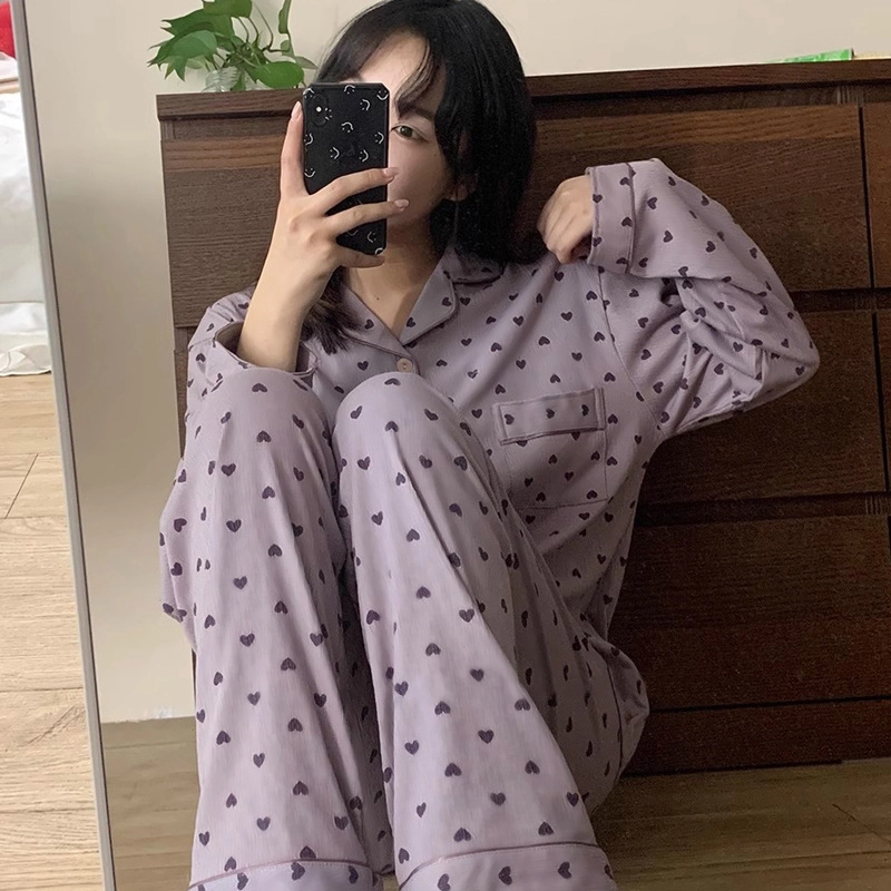 泡泡陷阱 爱心满印柔软舒适简约亲肤翻领设计休闲家居服长袖长裤睡衣套装 女款